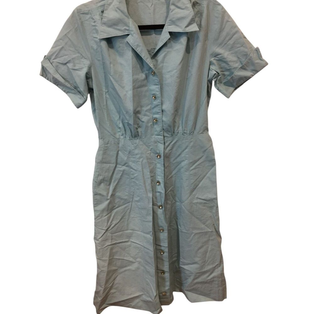 Dress Womens Blue Chambray Point Collar‎ Rhinestones Button Summer City Work